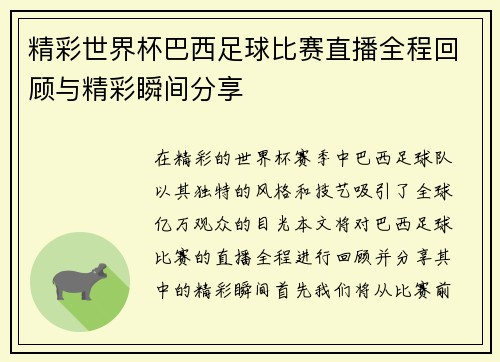 精彩世界杯巴西足球比赛直播全程回顾与精彩瞬间分享